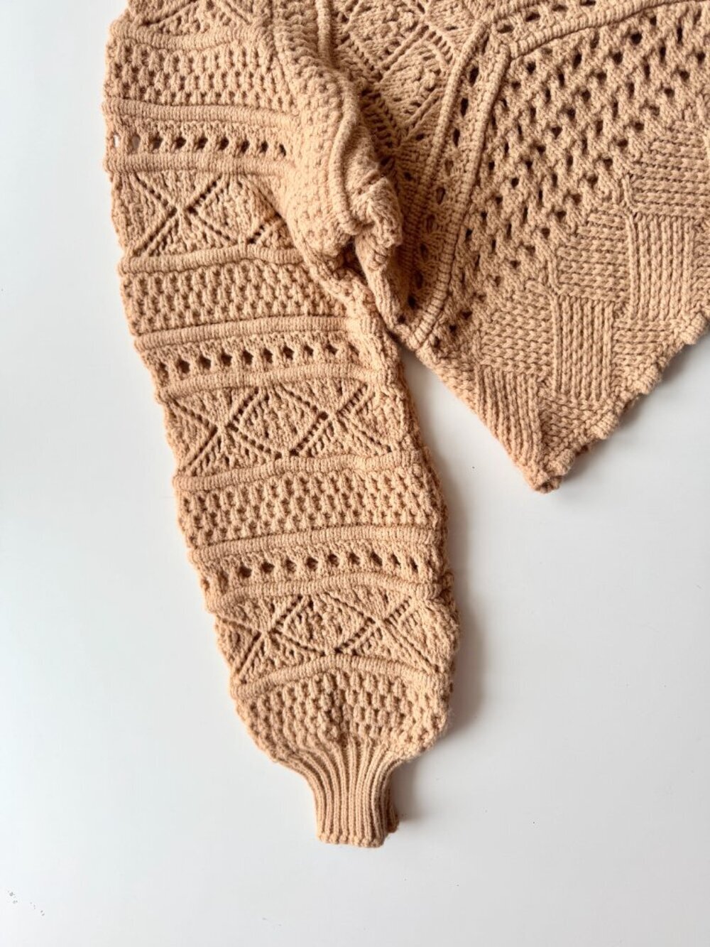 ZARA Tan Acrylic Wool Crochet Pointelle Knit Puff Sleeve Sweater, Size M - Picture 9 of 14